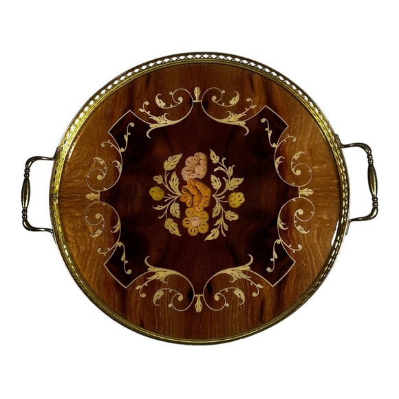 Italian Marquetry Inlaid Wooden Serving/Vanity Tray Floral w Brass Vintage 1950s - Picture 1 of 7
